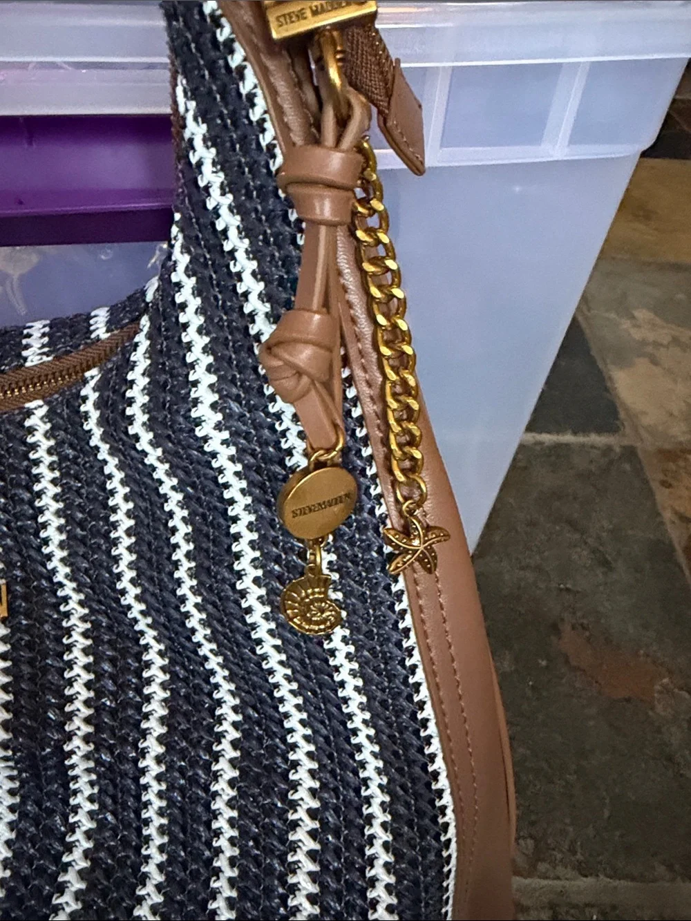 Steve Madden Black & White Striped Hobo with Brown Trim and Gold Accents